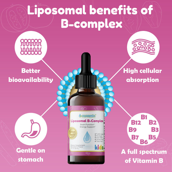 Liquid Liposomal B-Complex Drops for Kids Toddlers & Adults, 2Fl.Oz (60ml), 120 Daily Serving. B1, B2, B3, B5, B6, B7, B9, B12. Great Taste - Natural - High Absorption, Strawberry Flavor