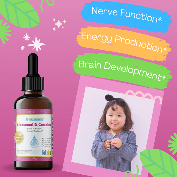 Liquid Liposomal B-Complex Drops for Kids Toddlers & Adults, 2Fl.Oz (60ml), 120 Daily Serving. B1, B2, B3, B5, B6, B7, B9, B12. Great Taste - Natural - High Absorption, Strawberry Flavor