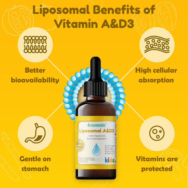 Liquid Liposomal Vitamin A & D3 Drops with K2 for Toddlers Kids & Adults, 800 IU/mL, 2 Fl.Oz (60ml), 120 Daily Serving, Great Taste - All Natural - Superior Absorption, Lemon Flavor