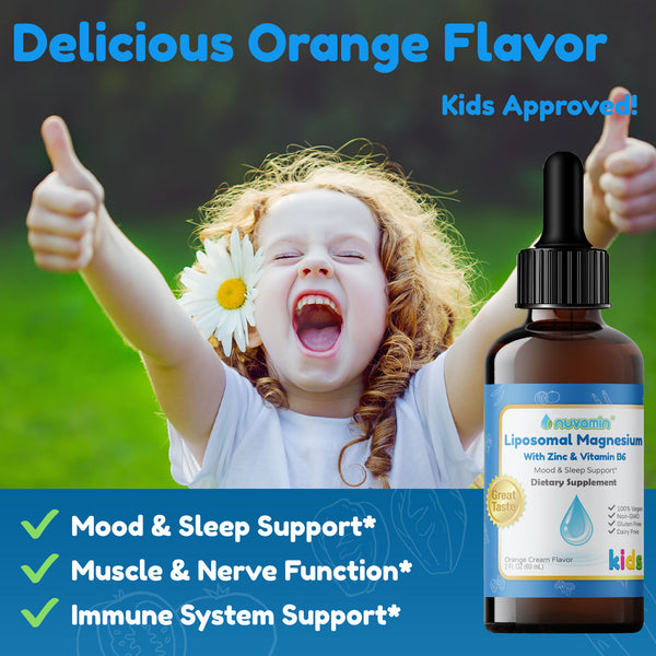 Liquid Liposomal Magnesium & Zinc Drops for Toddlers, Kids, & Adults, 2Fl.Oz (60ml), 60 Daily Serving. Great Taste - All Natural - Vegan - Superior Absorption, Orange Cream Flavor